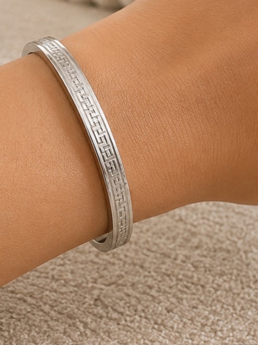 STAX Silver Greek Key Bangle Bracelet Hinged Cuff